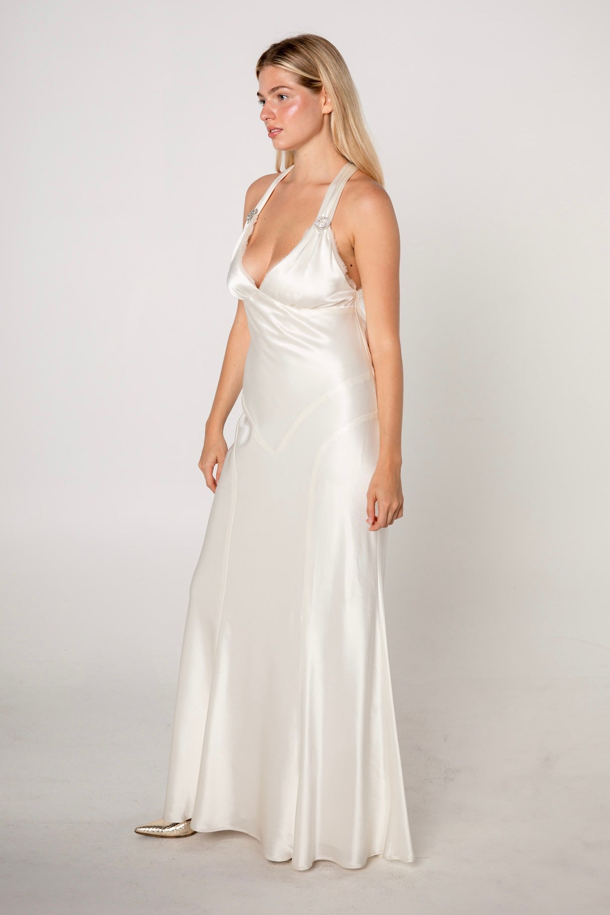Off-White Hammered Satin Bias Cut Evening Gown