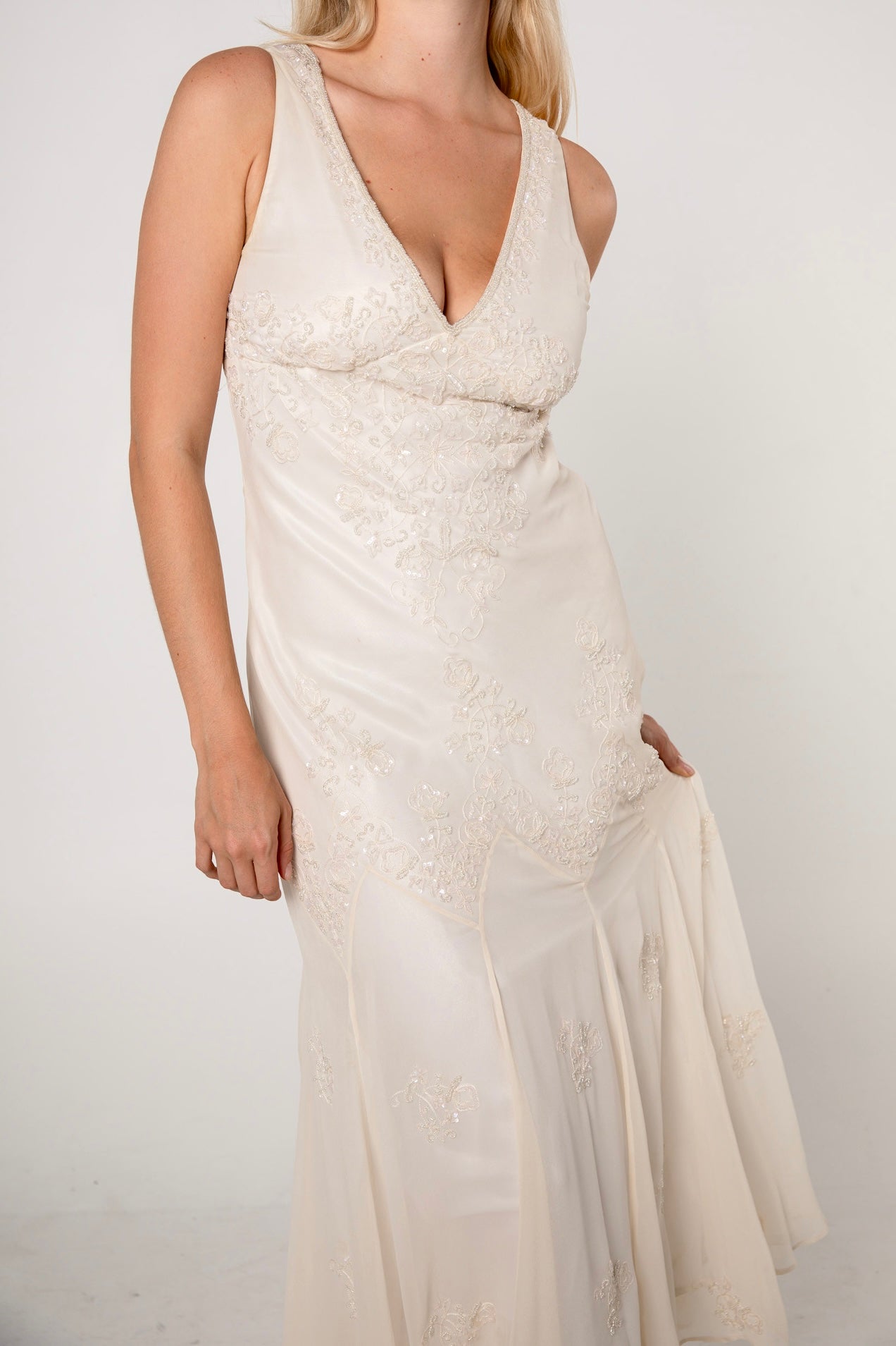 Ivory Silk Chiffon Beaded Gown
