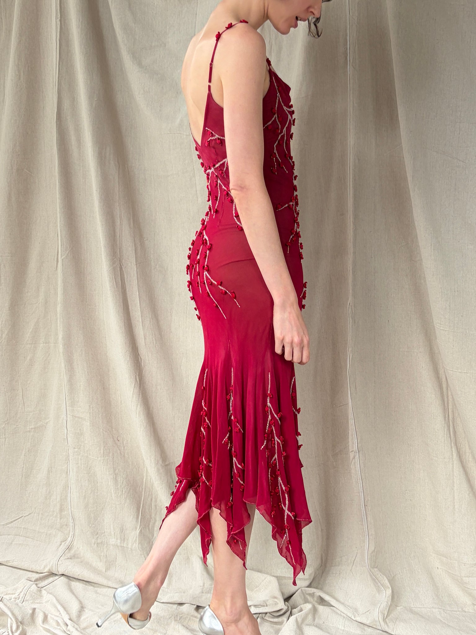 sue wong dress Red Silk Rosette Handkerchief Hem Homemade Thousand Island Dressing Count:100 pcs Vintage Sue Wong early butterfly back