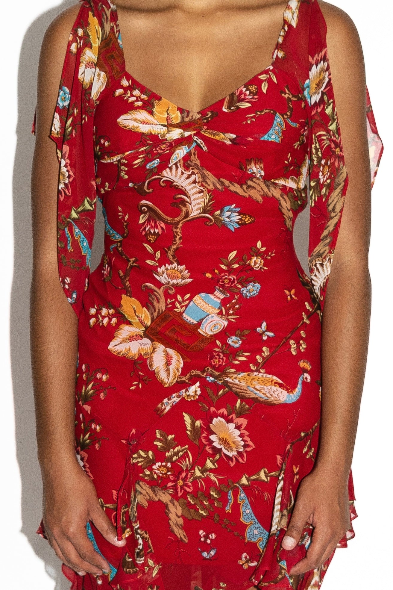 Sue Wong Red Floral Printed Silk Flutter Sleeve Ruffle Dress