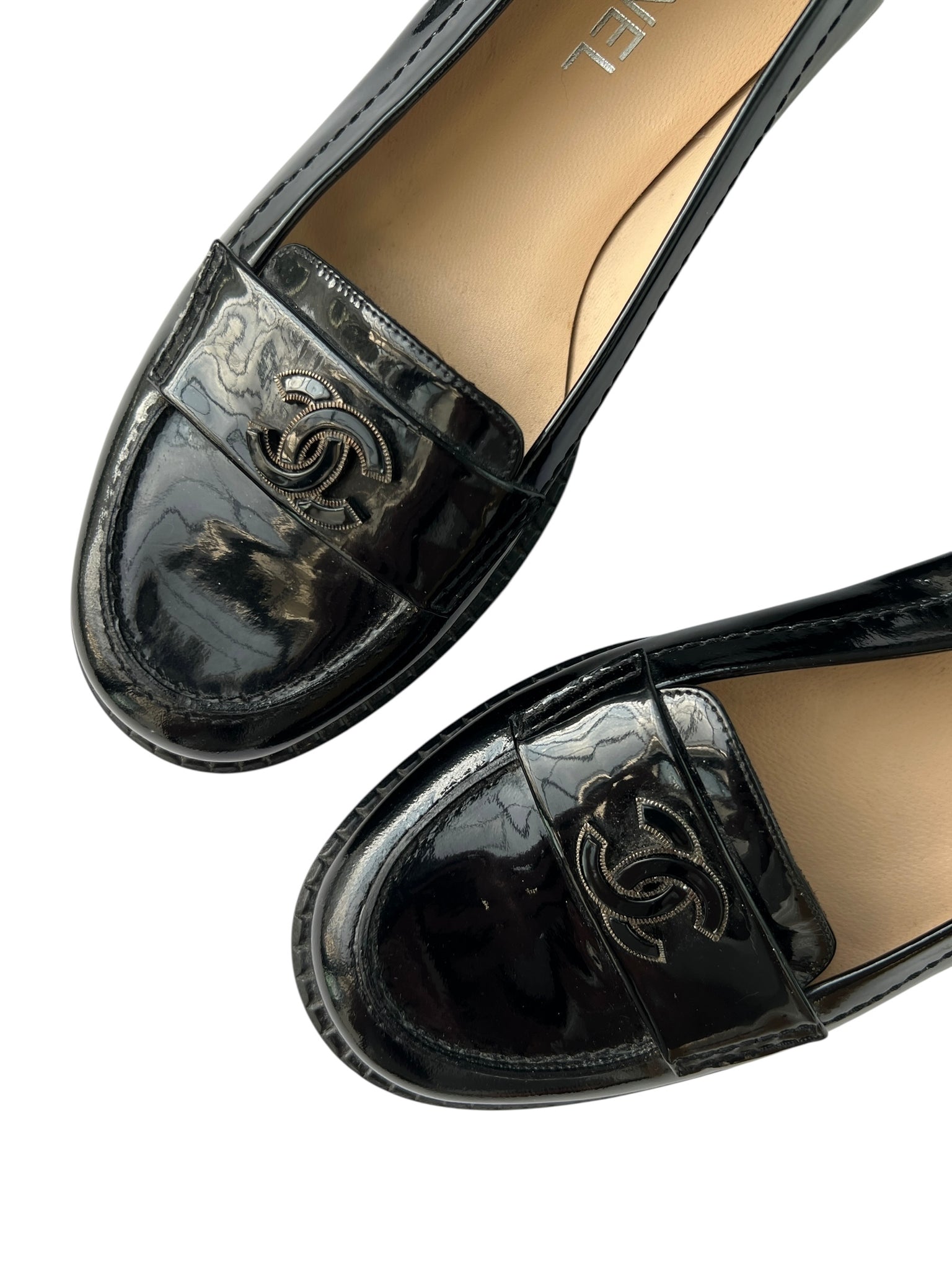 Chanel Interlocking CC Black Patent Leather Loafers - 40