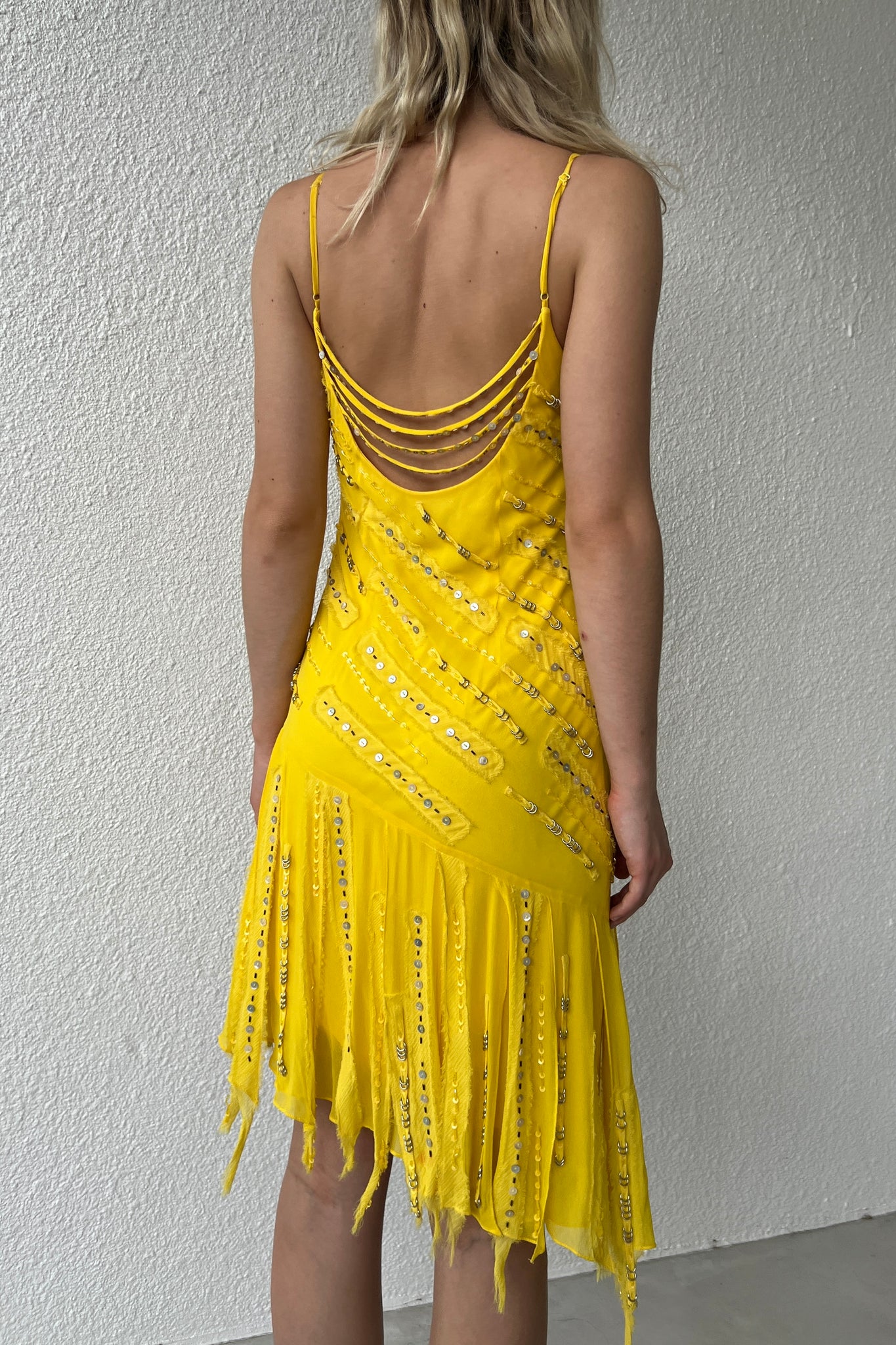 Sue Wong Yellow Beaded Silk Fringe Dress