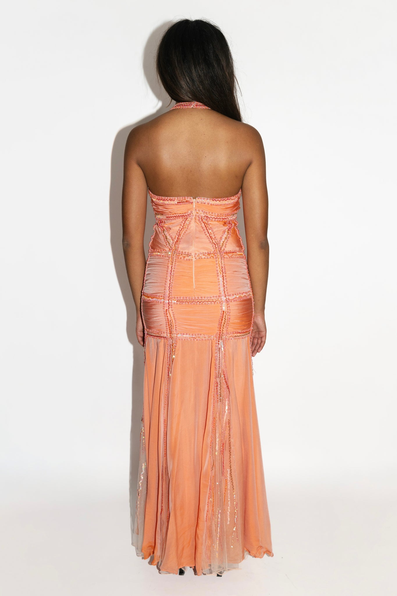 Coral Ruched Silk Beaded Gown