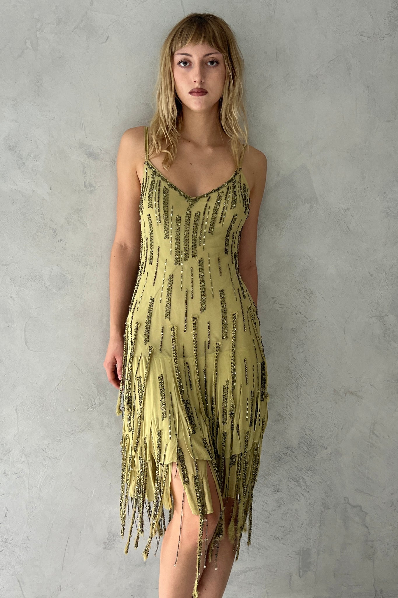 Sue Wong Green Silk Fringe Beaded Dress