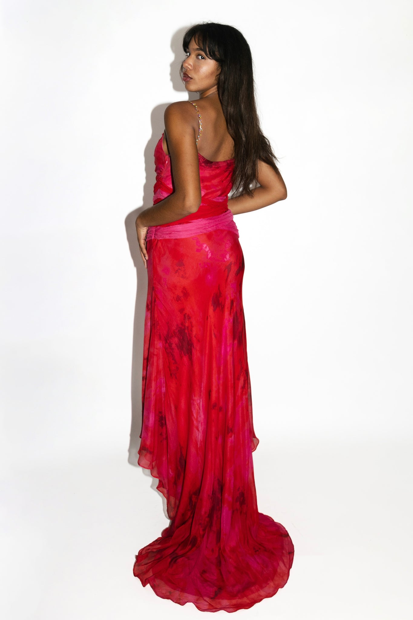 Red & Pink Printed Silk Chiffon High-Low Gown