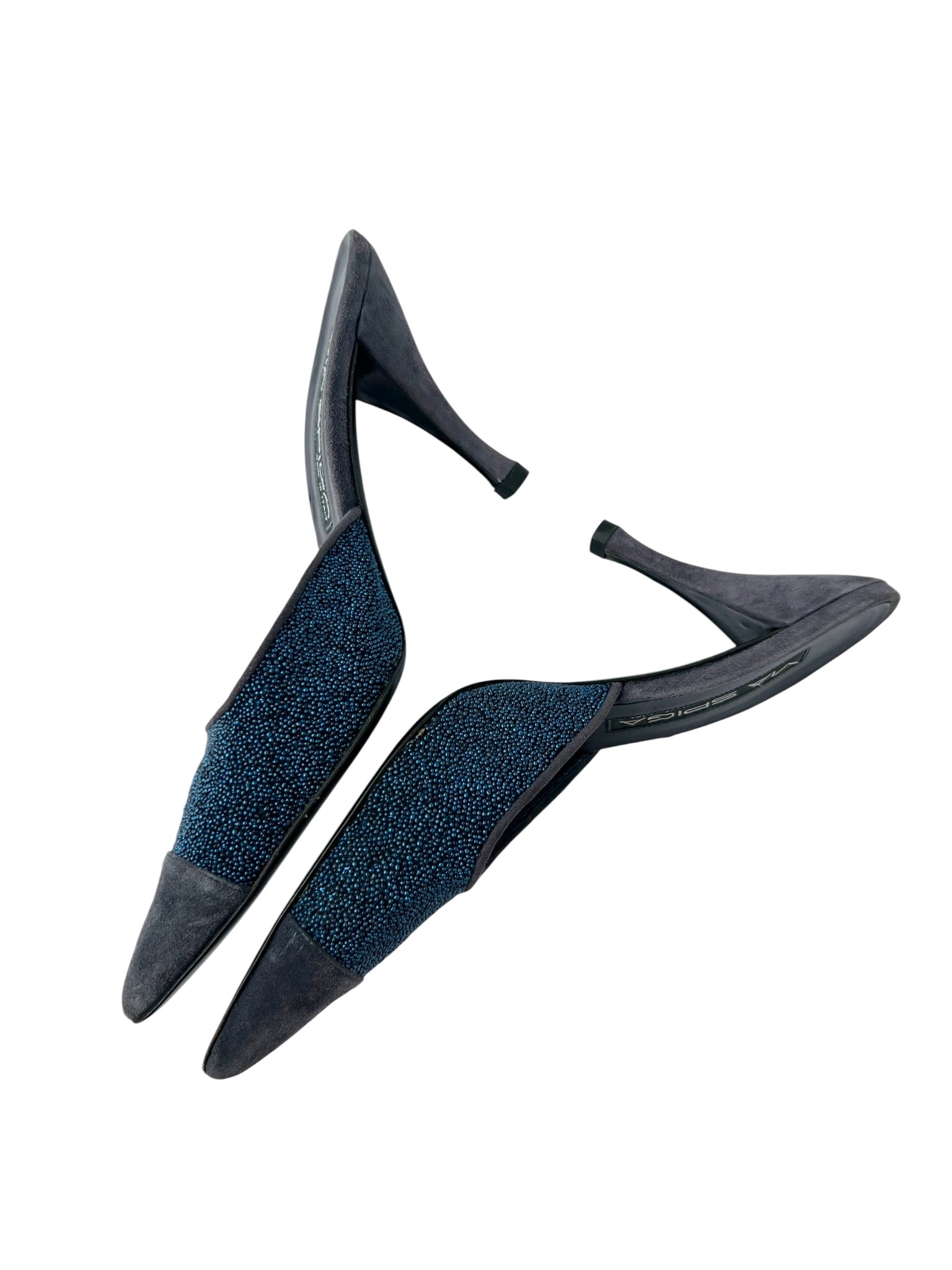 Blue Beaded Suede Leather Heeled Mules - 7