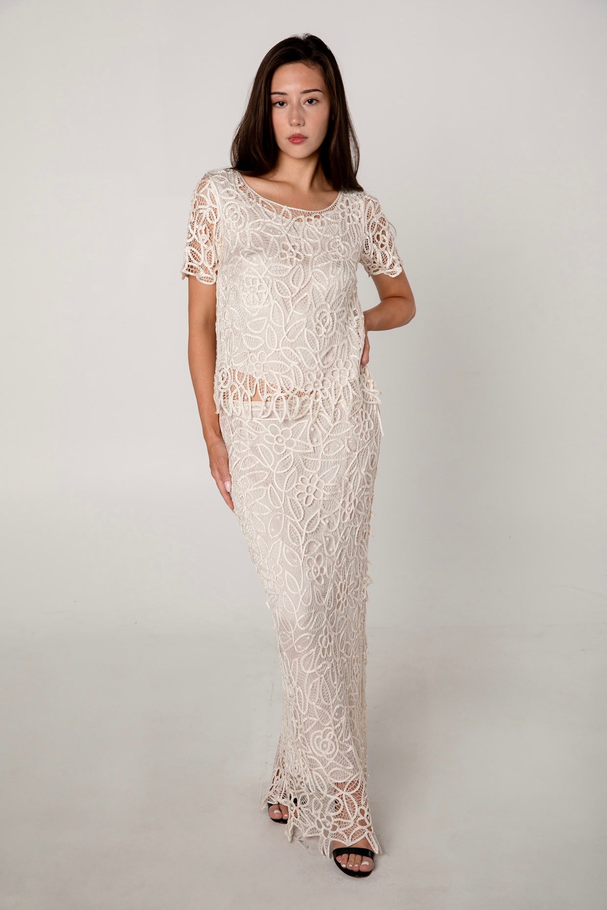Ivory White Silk Crochet Top & Skirt Set
