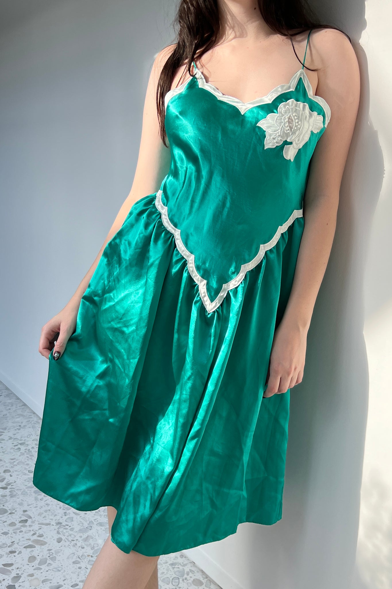 1980s Victoria’s Secret Green Satin Scallop Nightgown