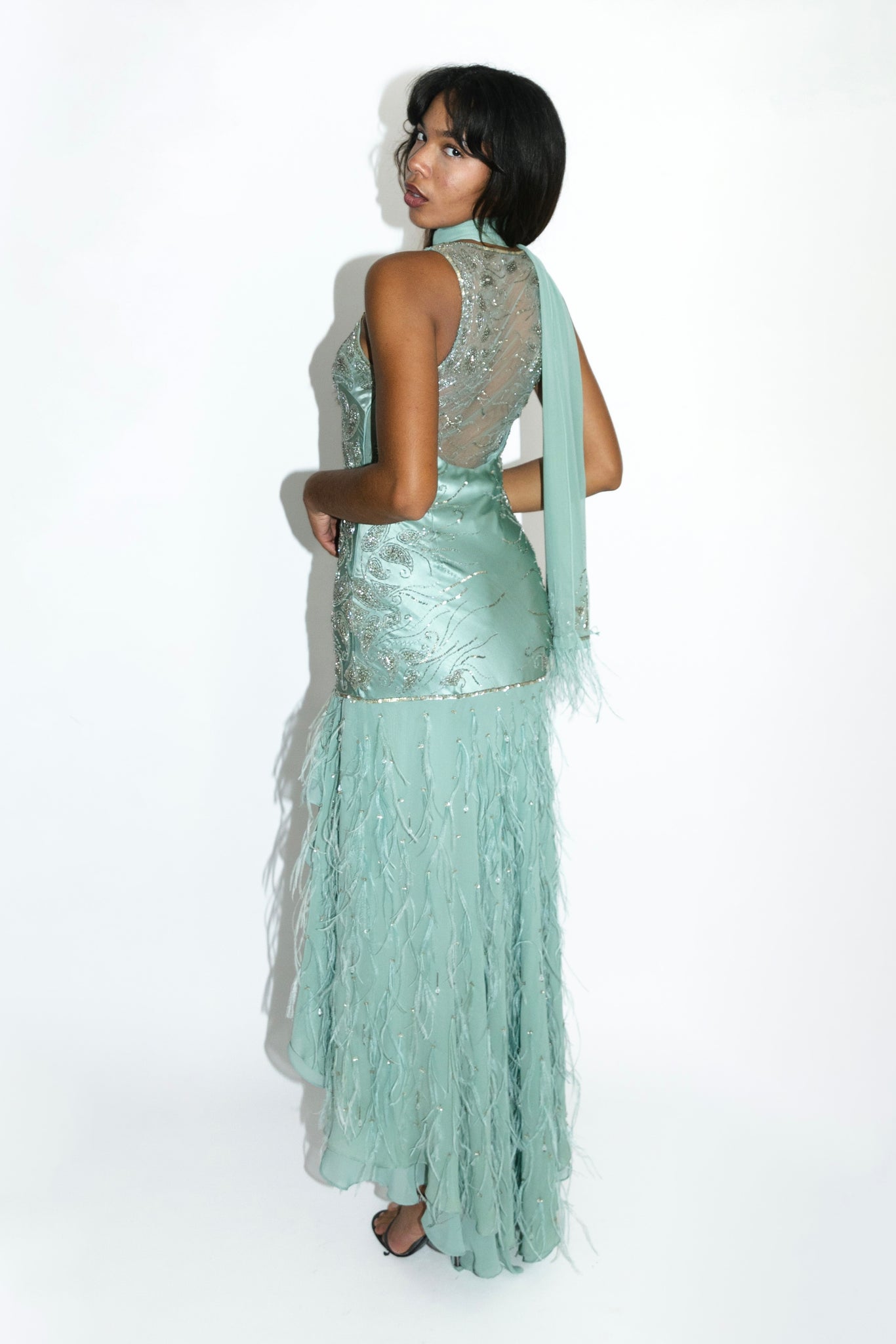 Sue Wong Mint Green Beaded Silk Satin Feather Dress