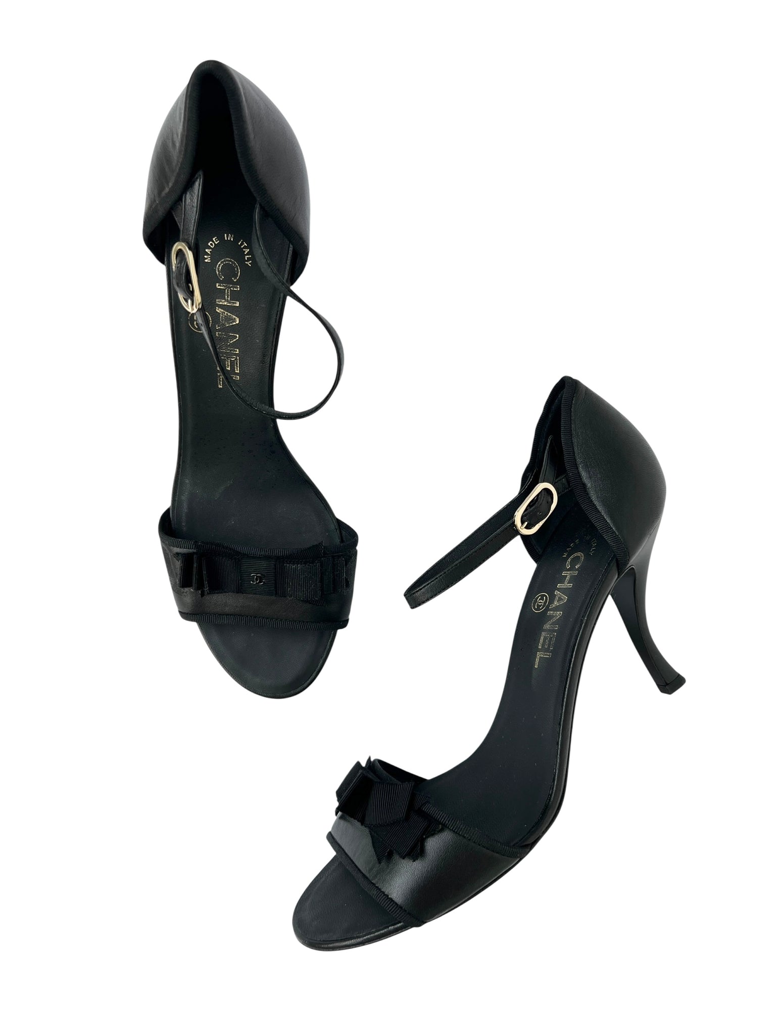 Chanel Black Leather Grosgrain Bow Heeled Sandals - 40.5