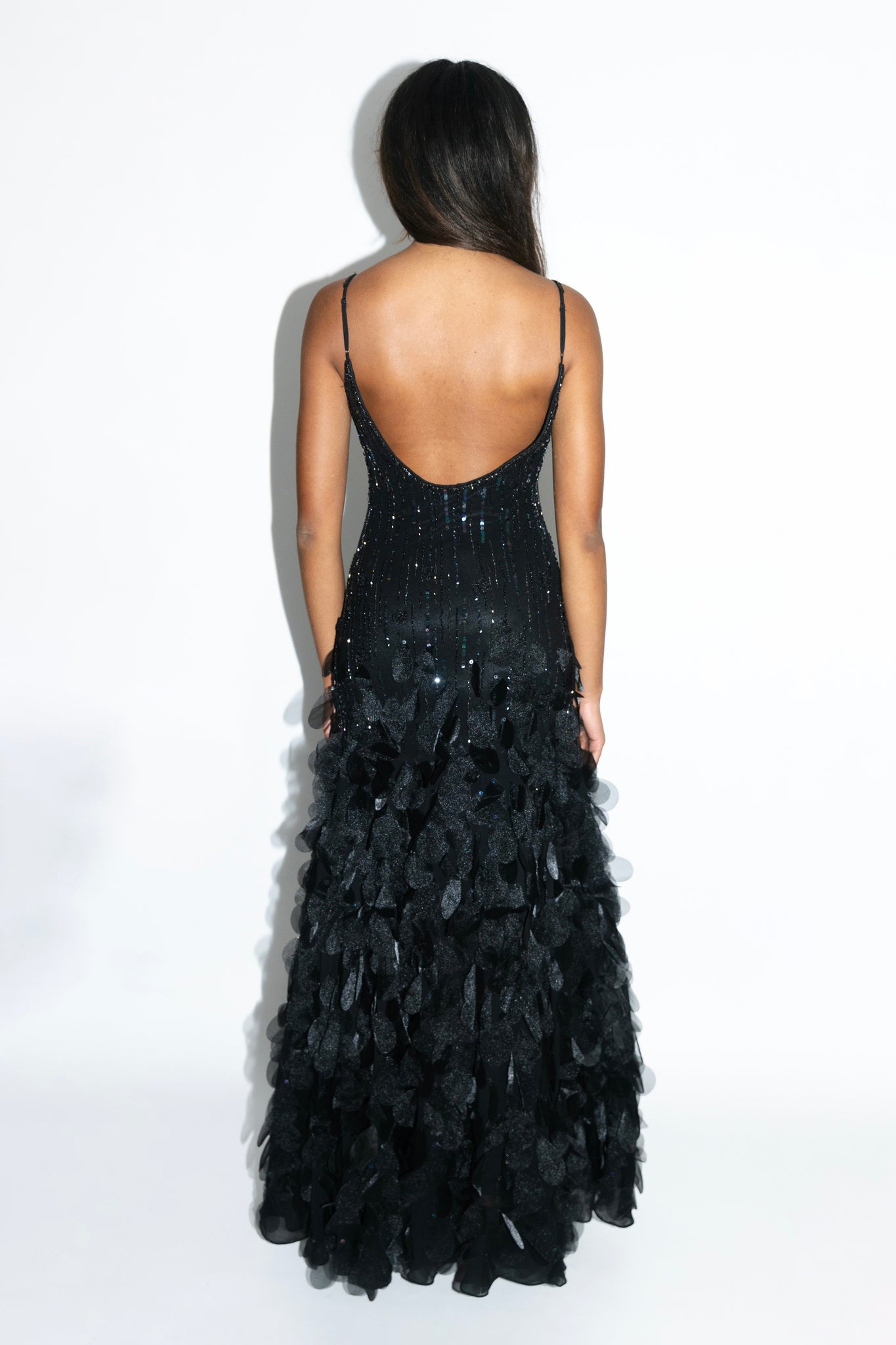 Sue Wong Black Beaded Silk Petal Gown