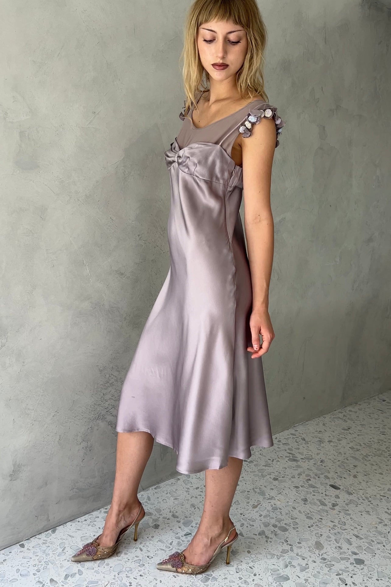 Moschino Lavender Silk Rosette Dress