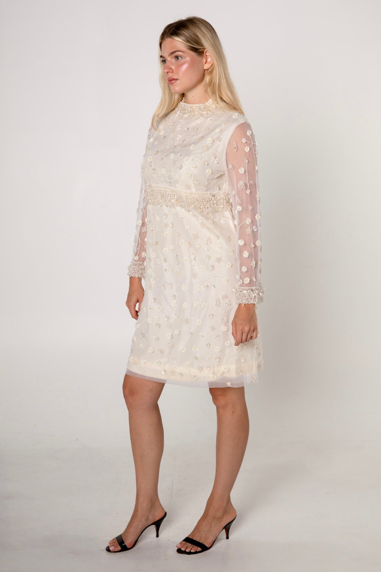 1960s Ivory Embellished Cocktail Shift Dress