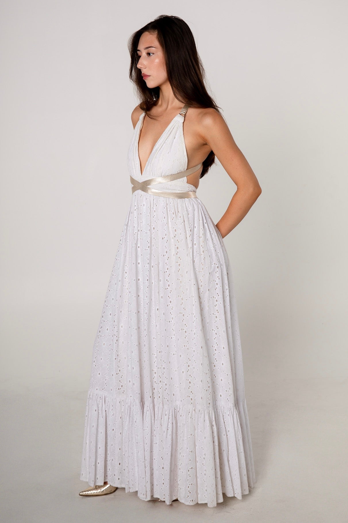 White Cotton Eyelet Halter Maxi Dress