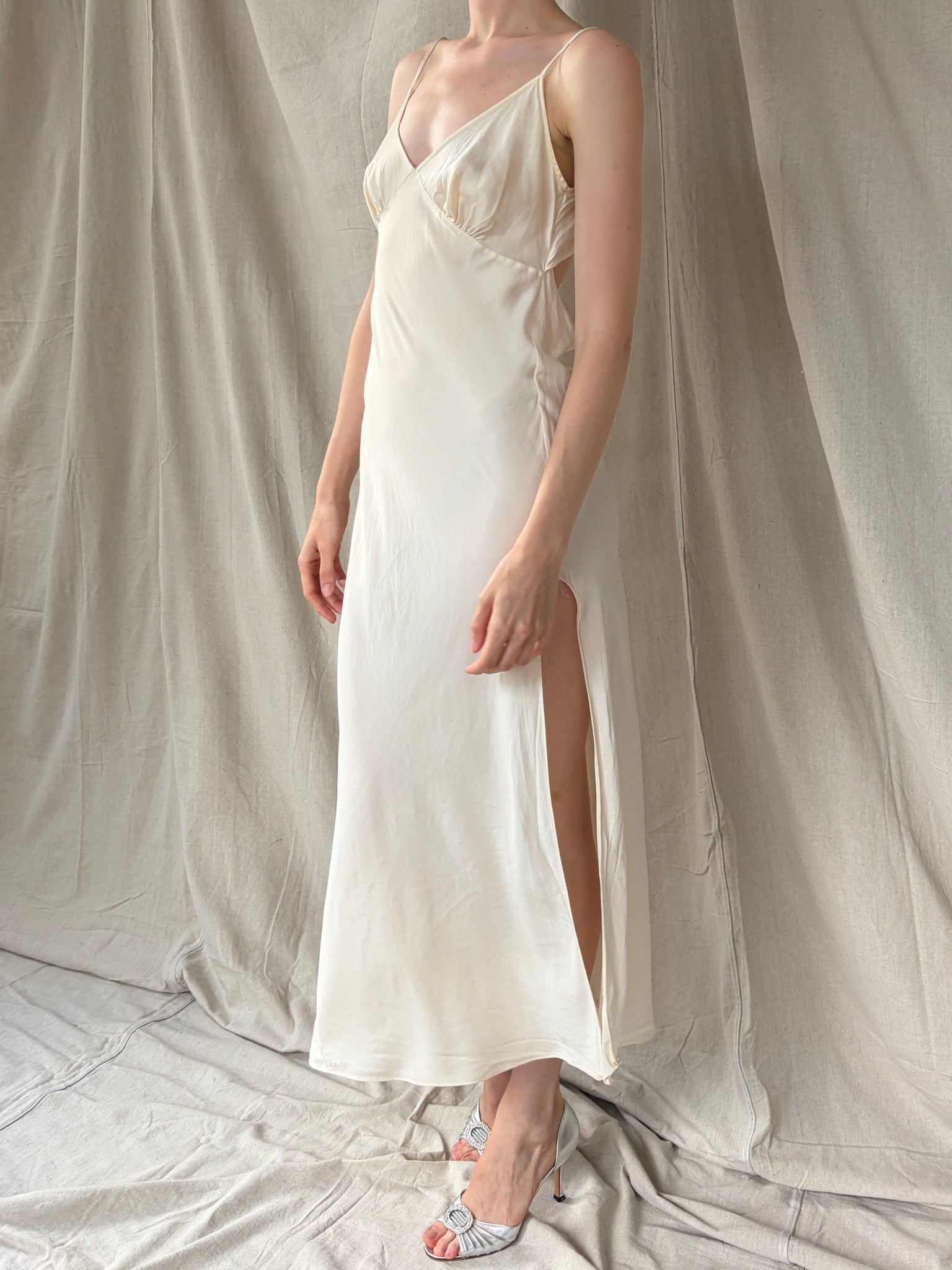 Victoria’s Secret 2001 Ivory Silk Satin Tie Back Slip Dress