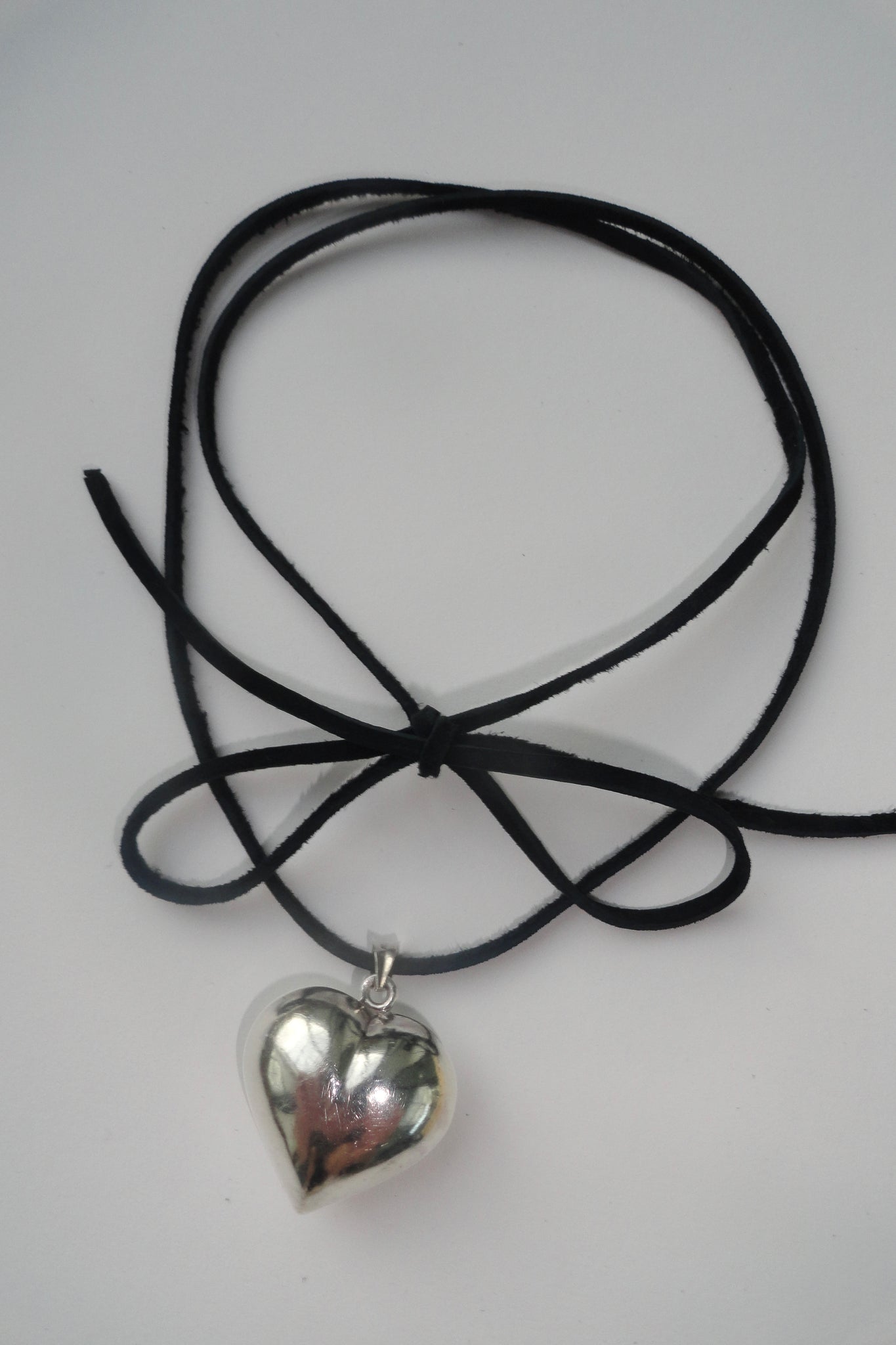 Large Silver Heart Pendant Leather Tie Choker
