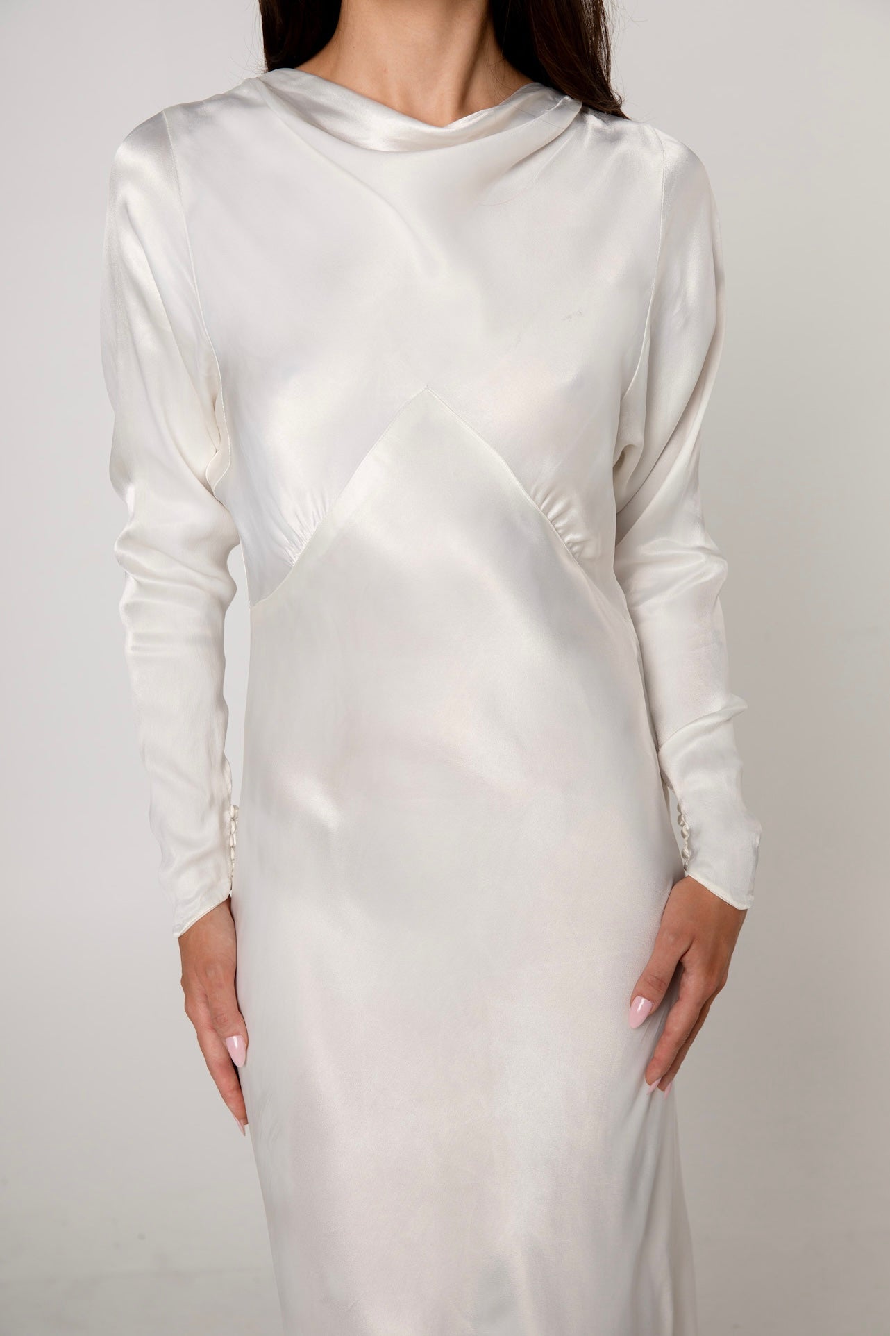 1930s White Satin Long Sleeve Wedding Gown
