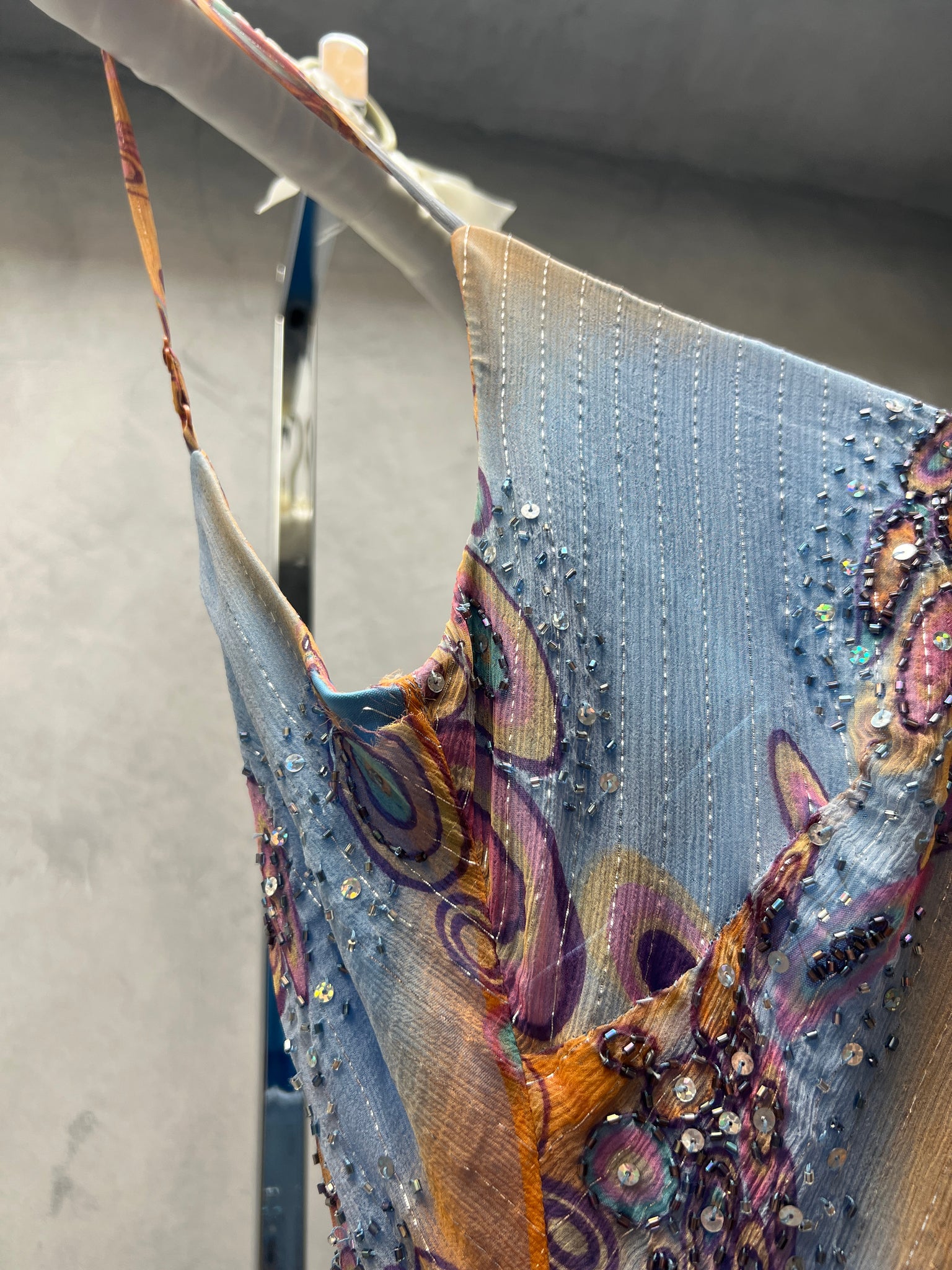 Sue Wong Orange Blue Ombré Printed Beaded Dress