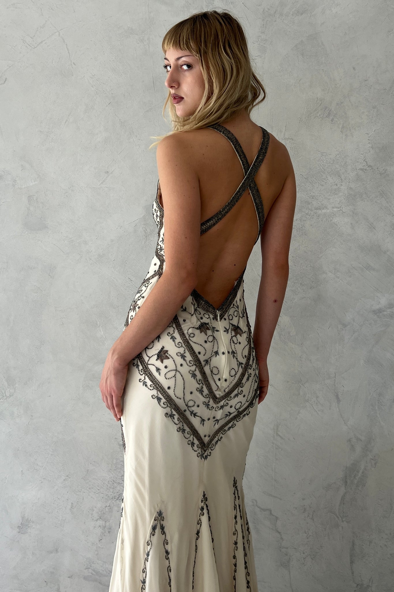 Cache Ivory Silk Chiffon Beaded Halter Gown