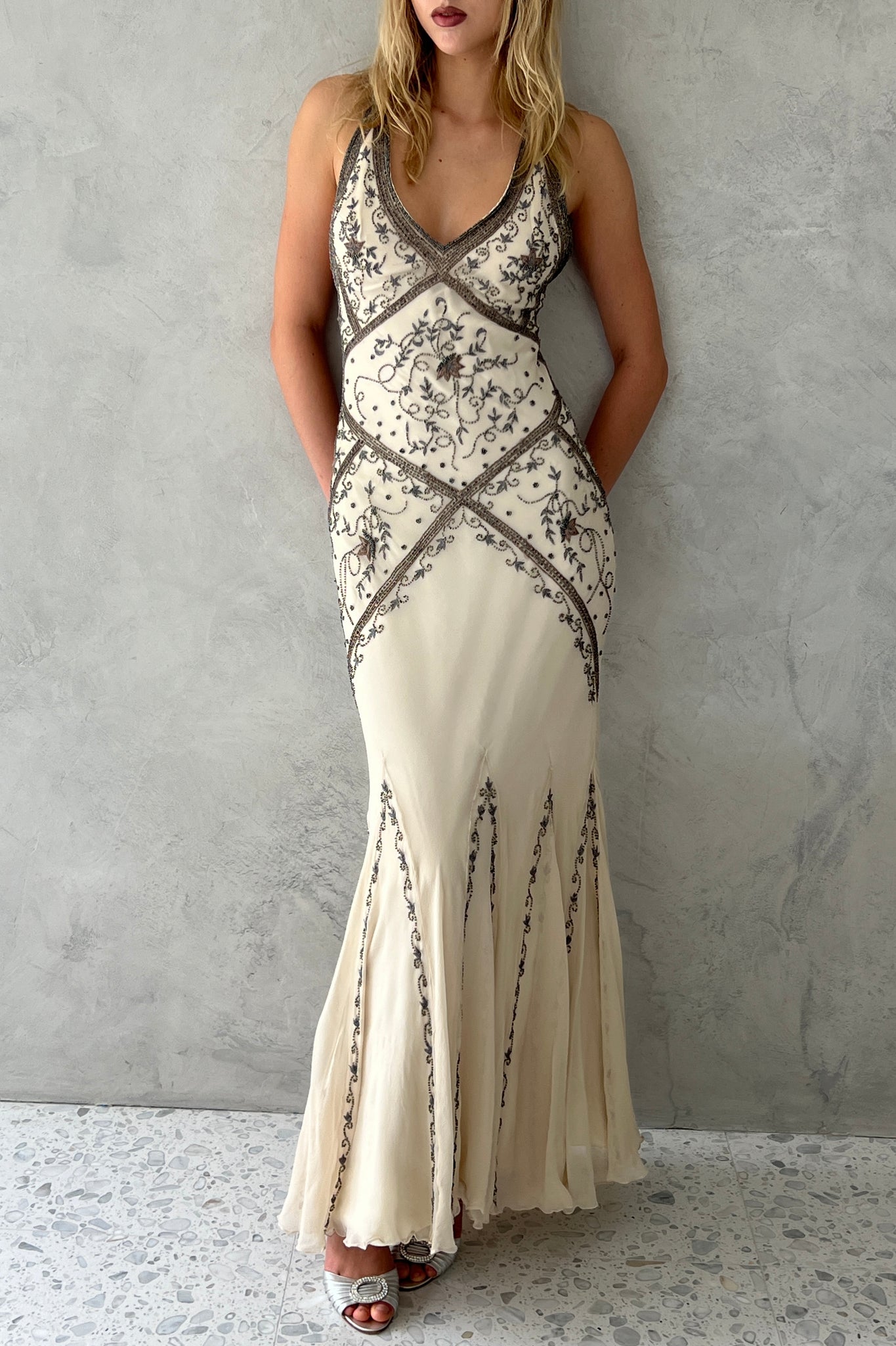 Cache Ivory Silk Chiffon Beaded Halter Gown