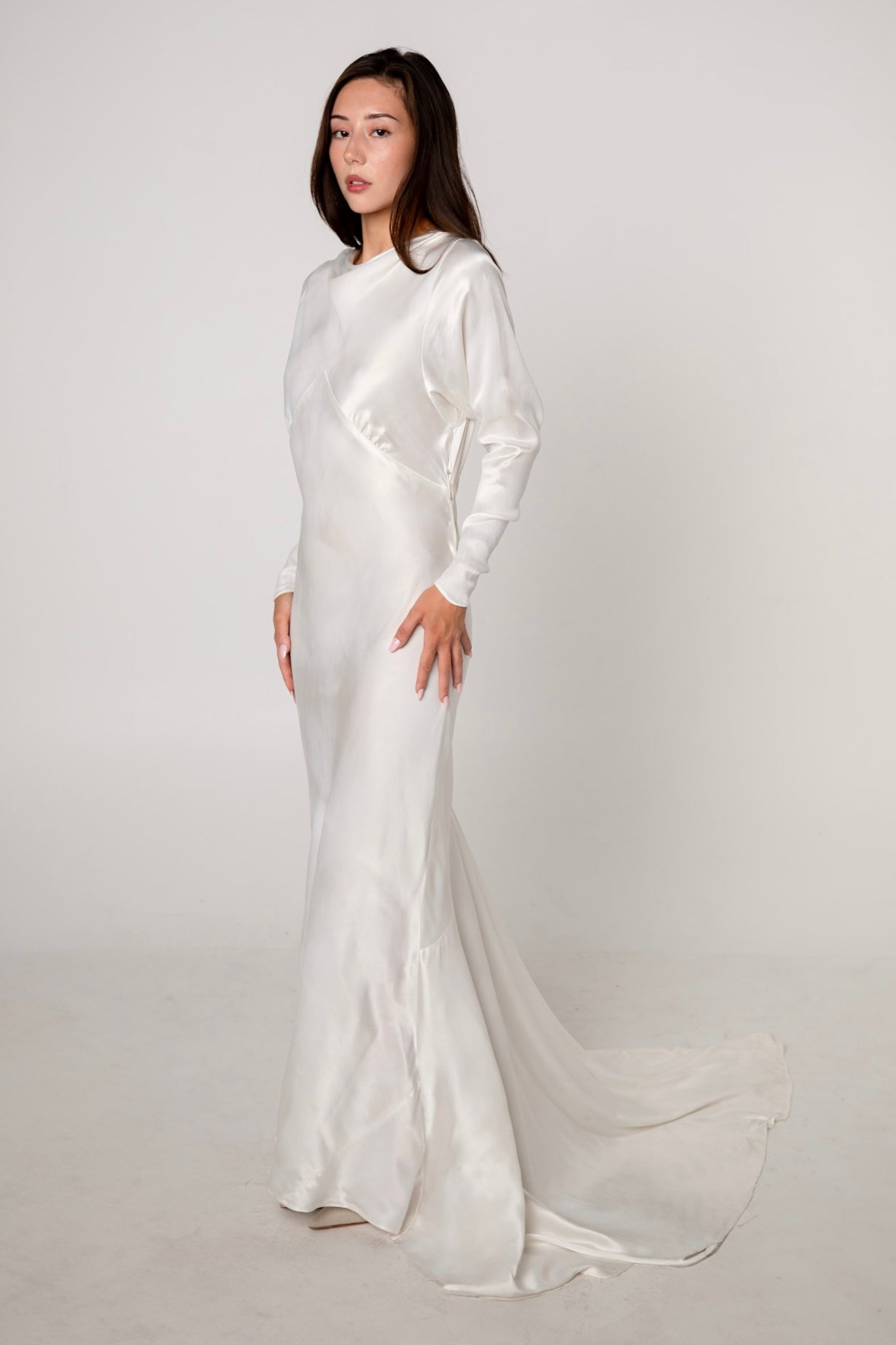 1930s White Satin Long Sleeve Wedding Gown