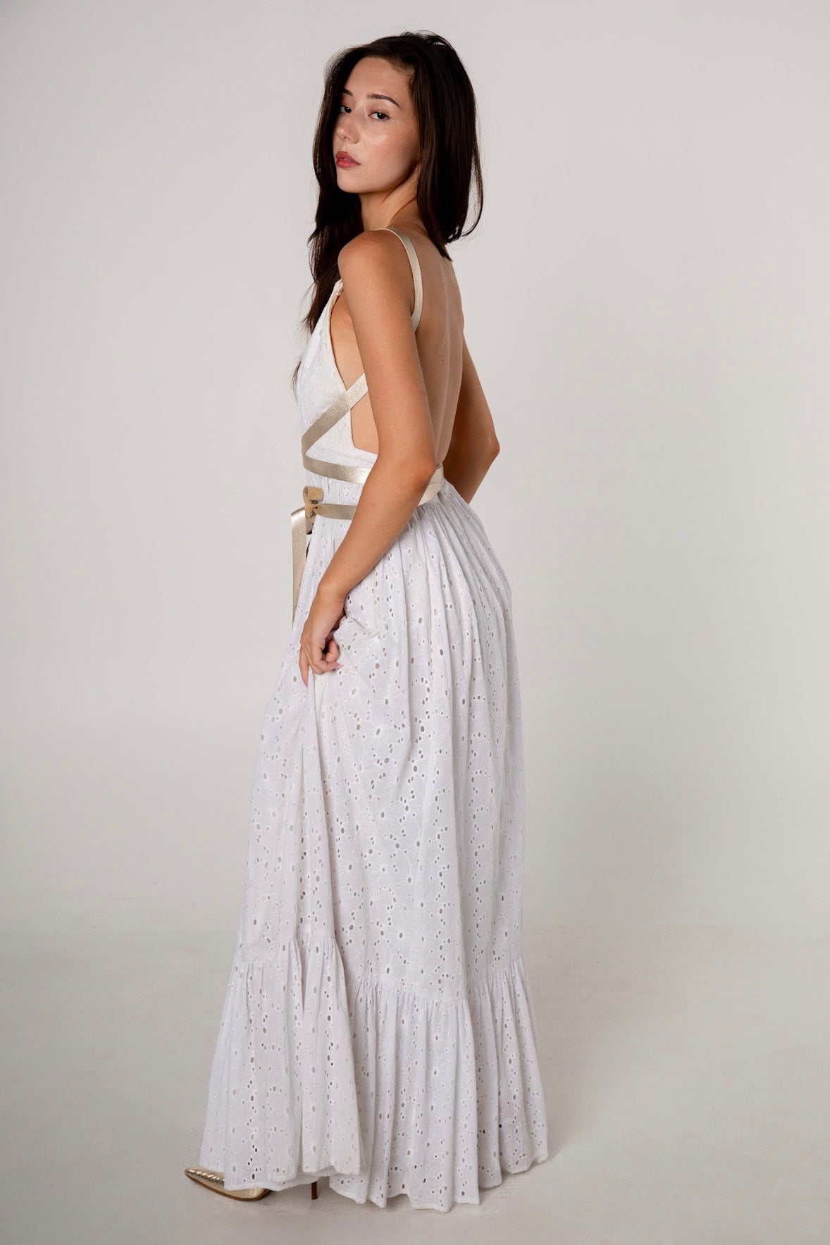 White Cotton Eyelet Halter Maxi Dress