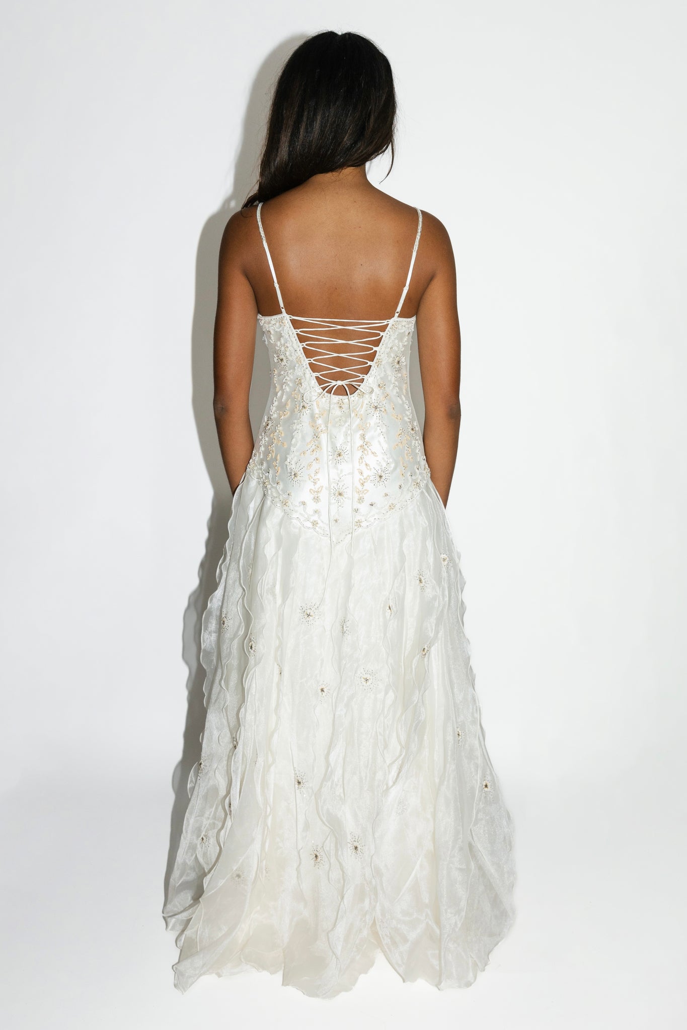 Sue Wong White Beaded Organza Ruffle Gown