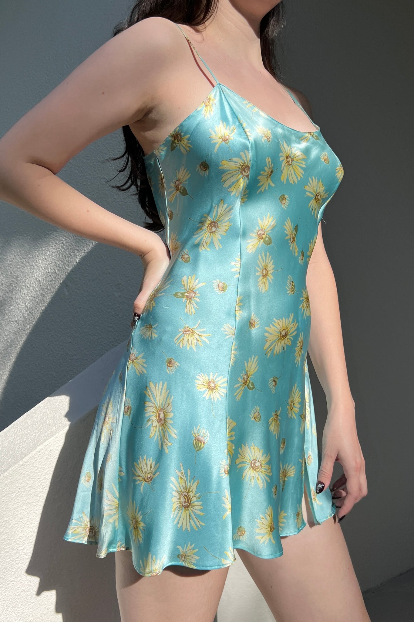 Victoria’s Secret 1999 Teal Blue Silk Daisy Slip Dress