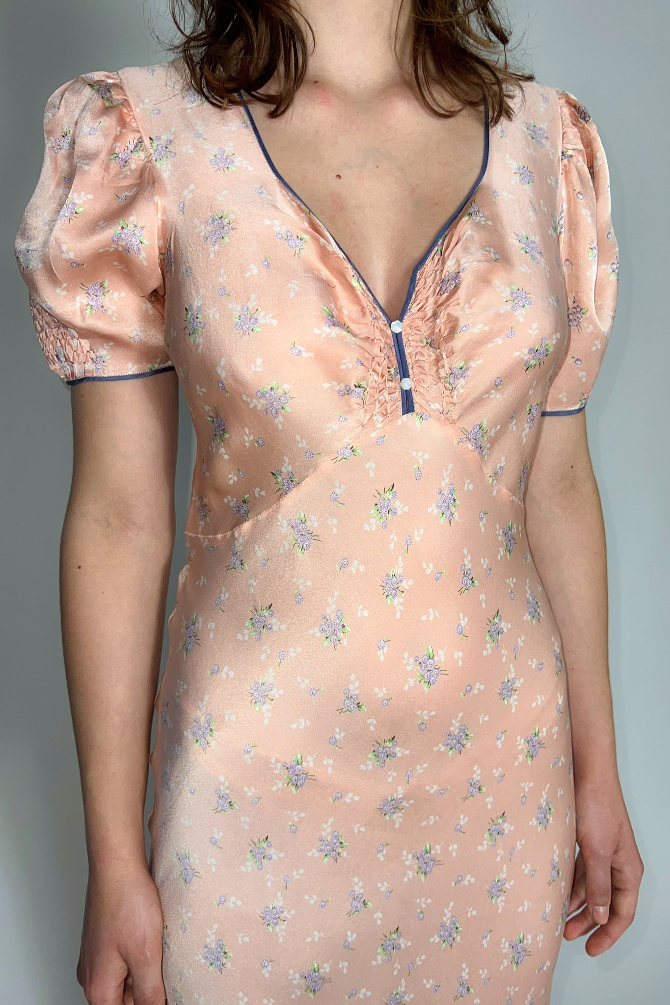 1930s Silk Floral Smocked Nightgown