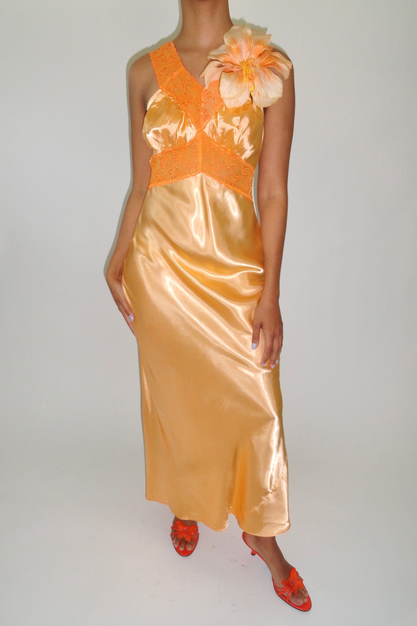 1940s Hand Dyed Neon Orange Satin Nightgown