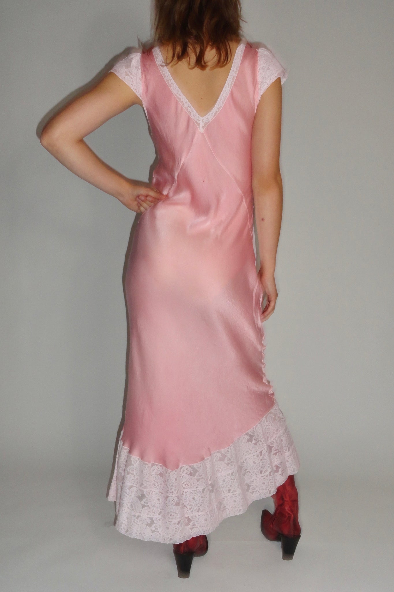 1930s Hand Dyed Pink Silk Satin Lace Nightgown