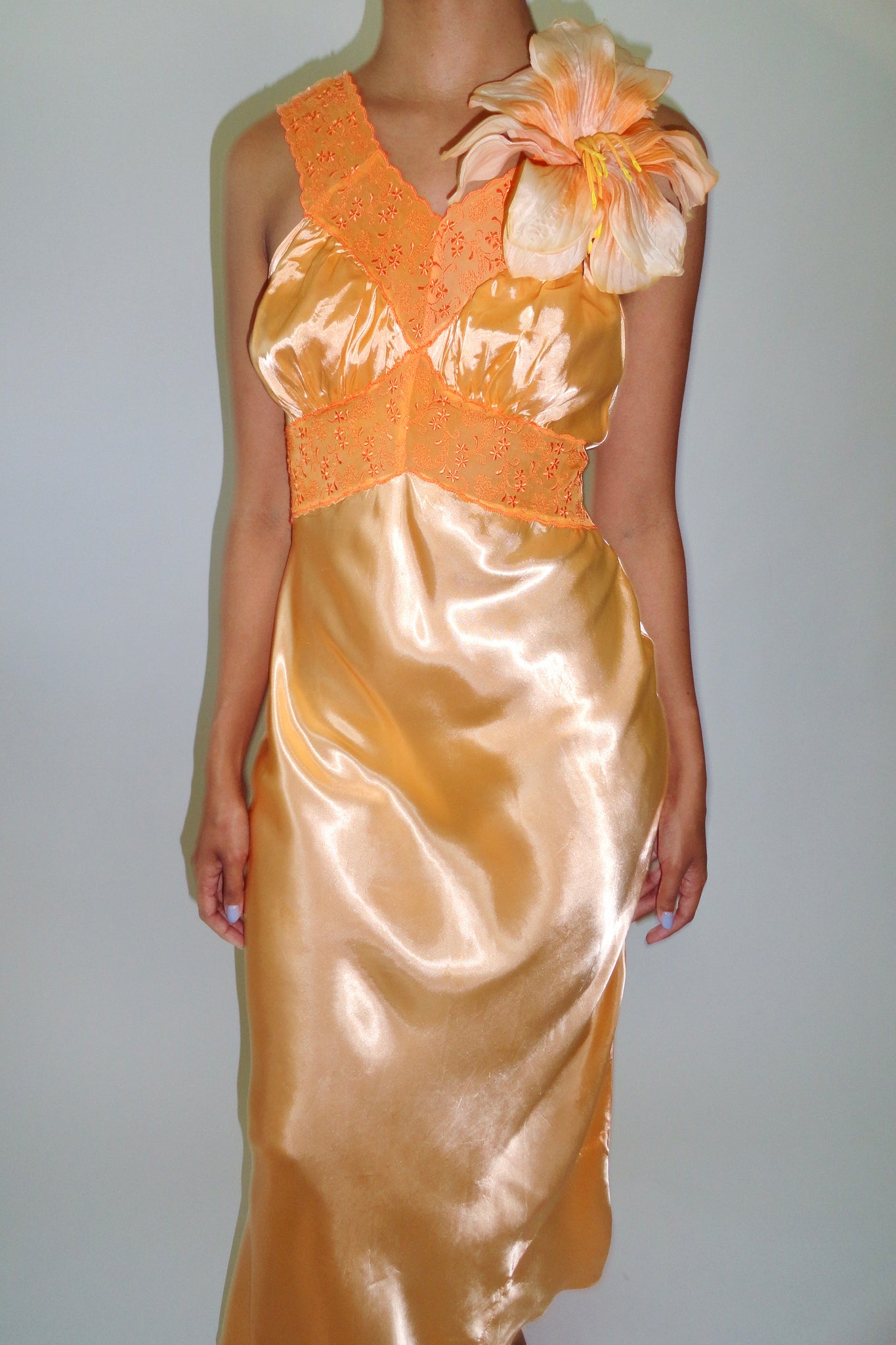 1940s Hand Dyed Neon Orange Satin Nightgown