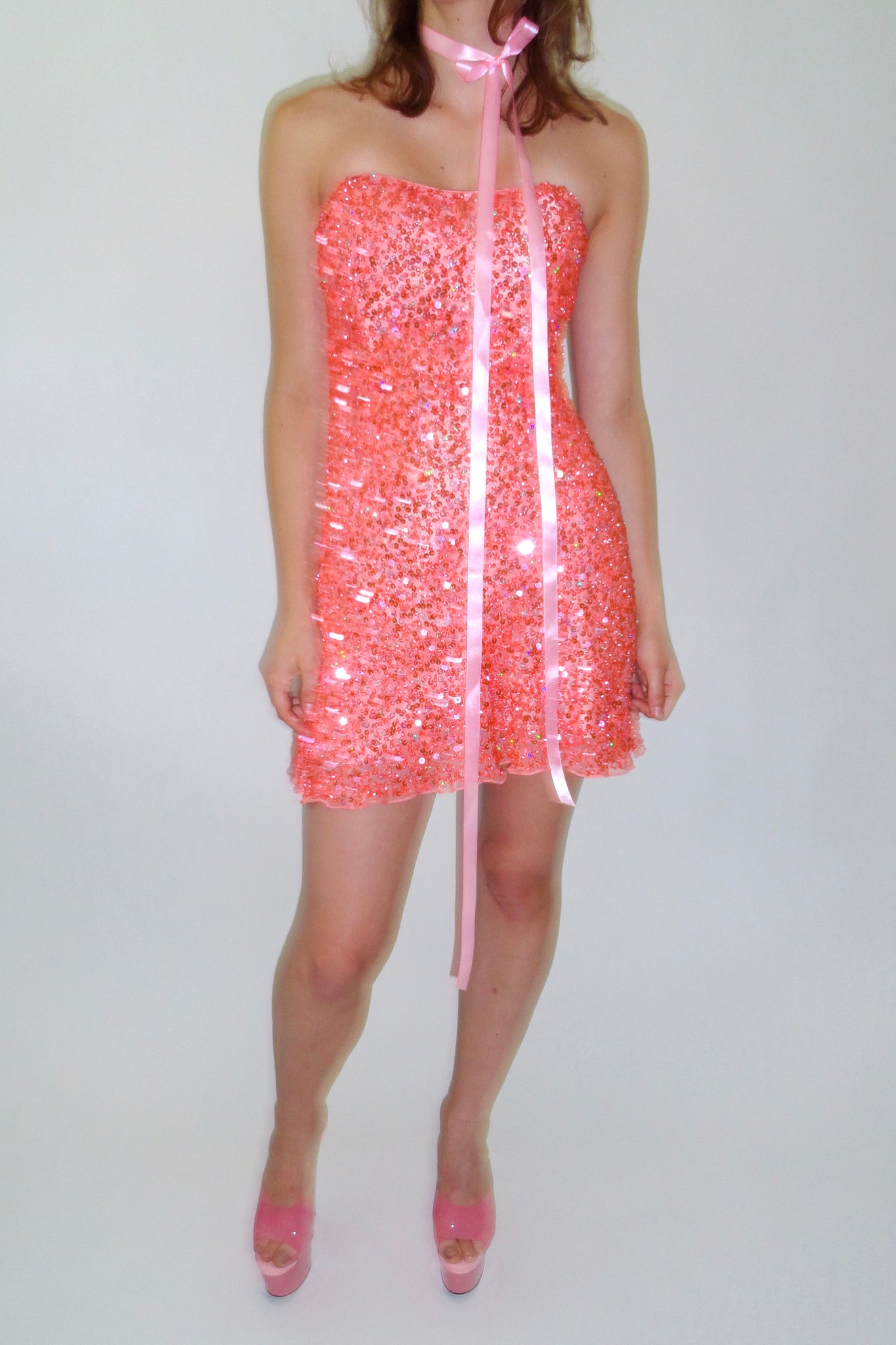 Y2K Pink Silk Chiffon Sequin Minidress