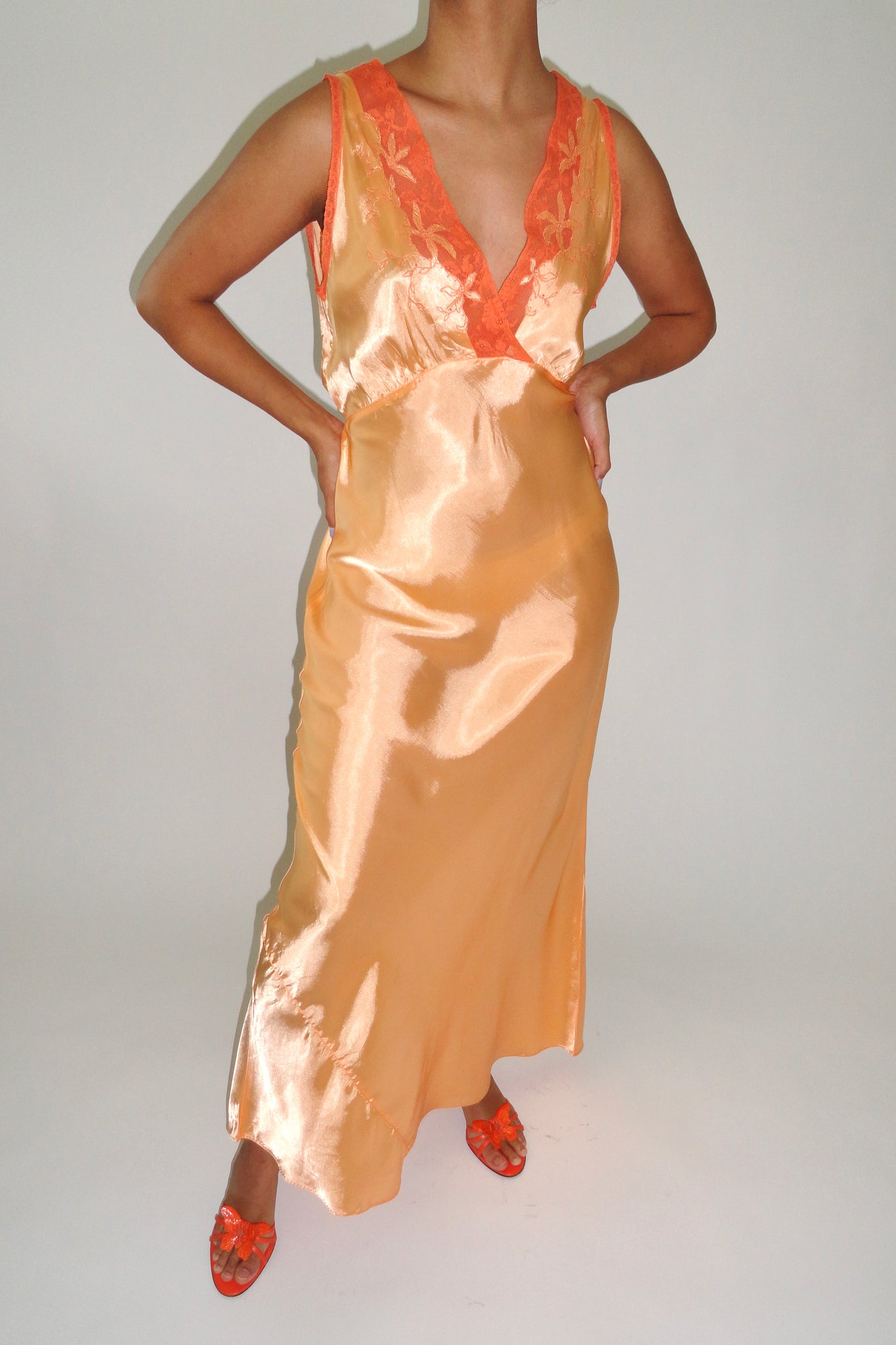 1940s Hand Dyed Orange Lace Nightgown