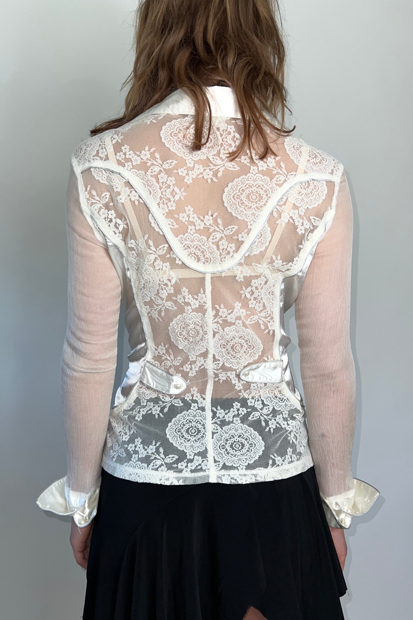 White Lace Satin Western Blouse