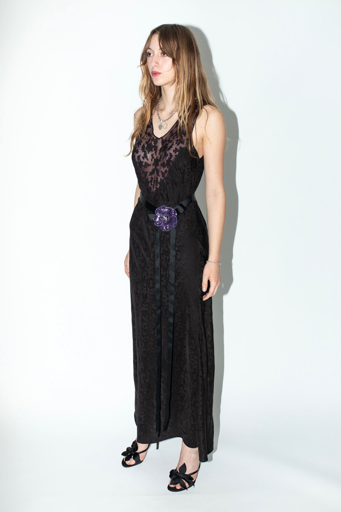 1930s Hand Dyed Black Silk Jacquard Nightgown