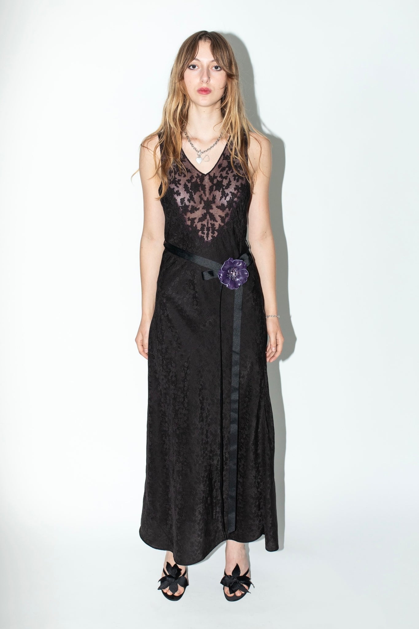 1930s Hand Dyed Black Silk Jacquard Nightgown