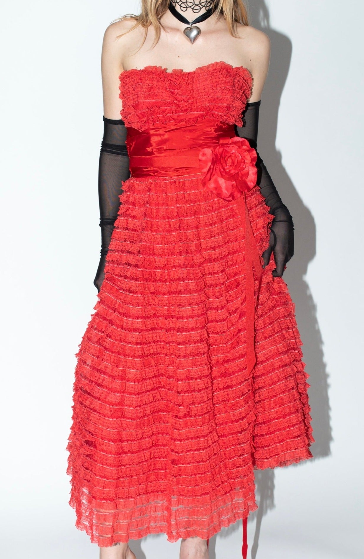 1950s Red Tiered Ruffle Lace Party Dress